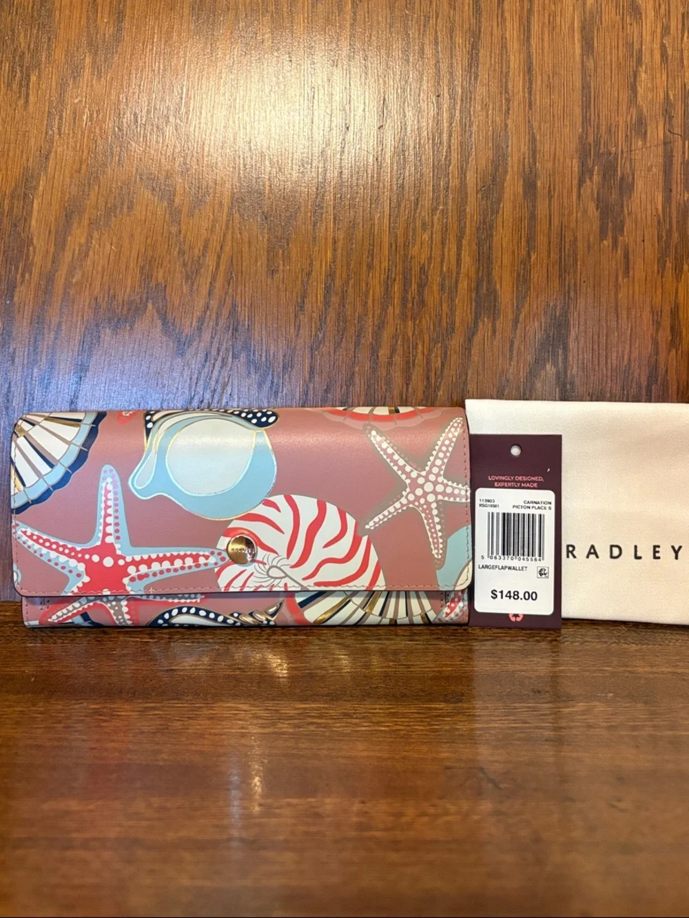 NWT-Radley London-Picton Place-Lg Flap Bifold Wallet-Carnation-Gold Accents-$148